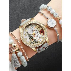 Women’s Retro Quartz Watch & Beaded Bracelet Set Classic European Style